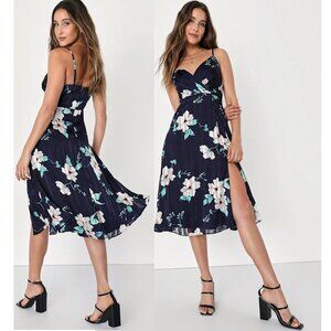 Lulus All About Love Navy Blue Floral Print Midi Dress Size XS NEW NWT